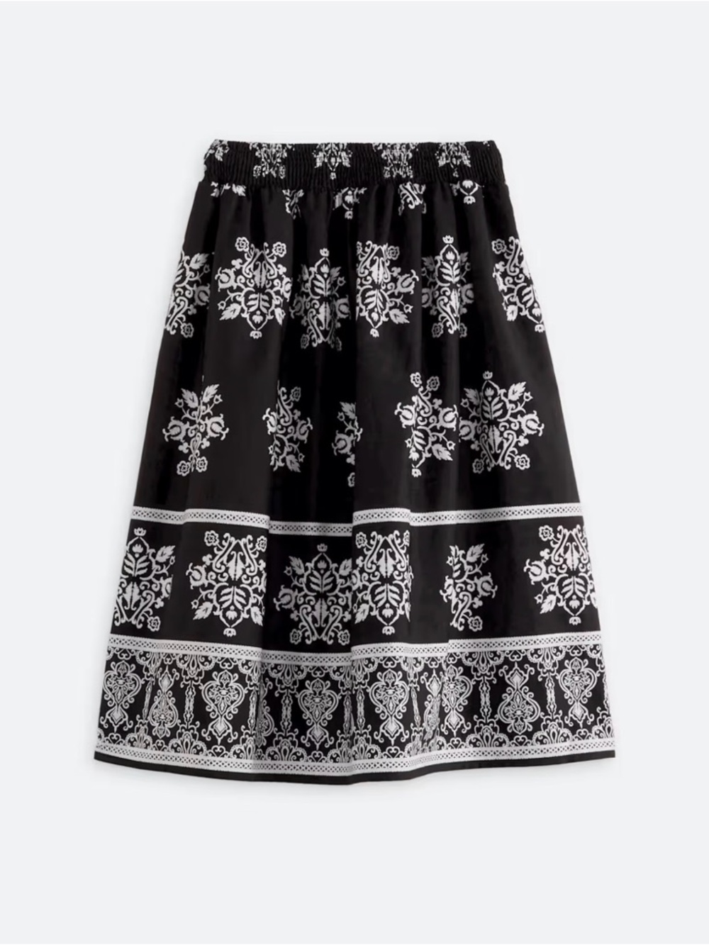 CeCe Smocked-Waist Midi Skirt Black White Floral * Sz. Large* NWT